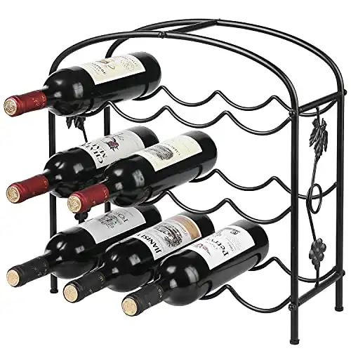 Black Wine Rack Countertop, Modern Grapevine Design Freestanding Metal 12 Wine Bottle Organizer Storage